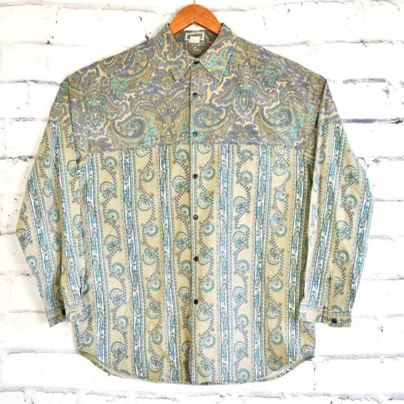 Vintage 90s Union Bay Earthtone Paisley Print Button Up Shirt - Picture 2 of 8